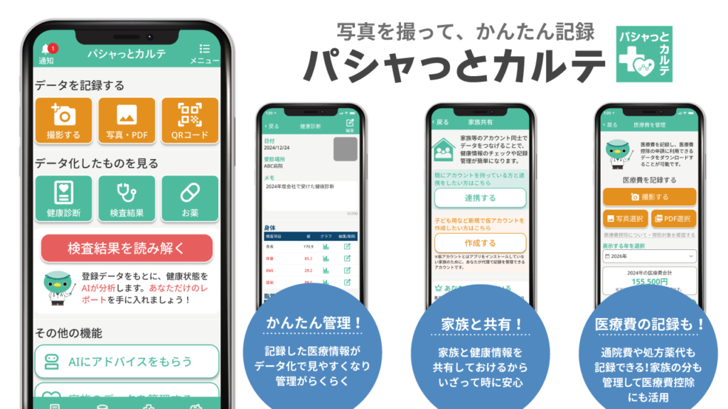 写真を撮って、かんたん記録。パシャっとカルテは、記録した医療情報のかんたん管理・家族との共有・医療費の記録ができるアプリです